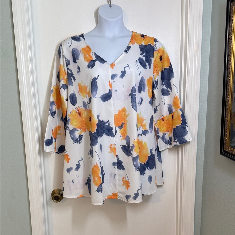 Floral V-Neck Blouse - Orange and Blue.  V-neck-flowing sleeves. 2X